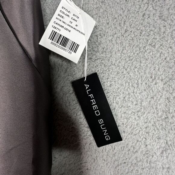 Alfred Sung‎ Satin Twill Maxi Dress Gray 12R NWT Cap Sleeve Wedding Formal Gown - Picture 7 of 11